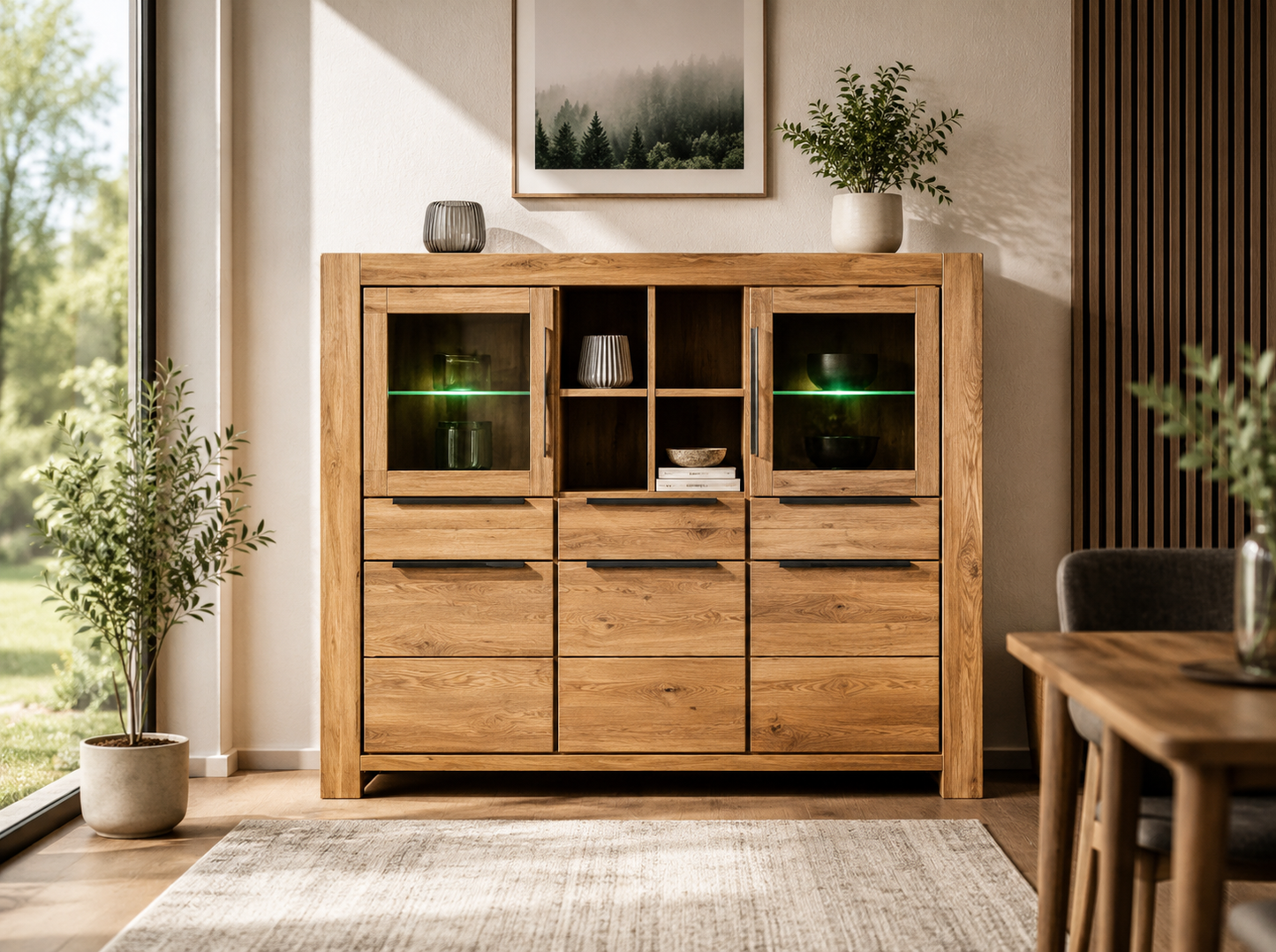 Highboard SINA Wildeiche teilmassiv geölt – Vitrine mit Glastüren & 3 Schubkästen