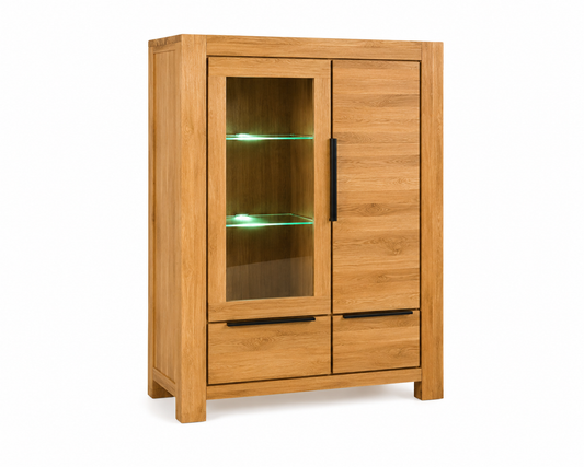 Vitrine SINA Wildeiche teilmassiv geölt – Vitrinenschrank mit 2 Glastüren & 3 Schubkästen