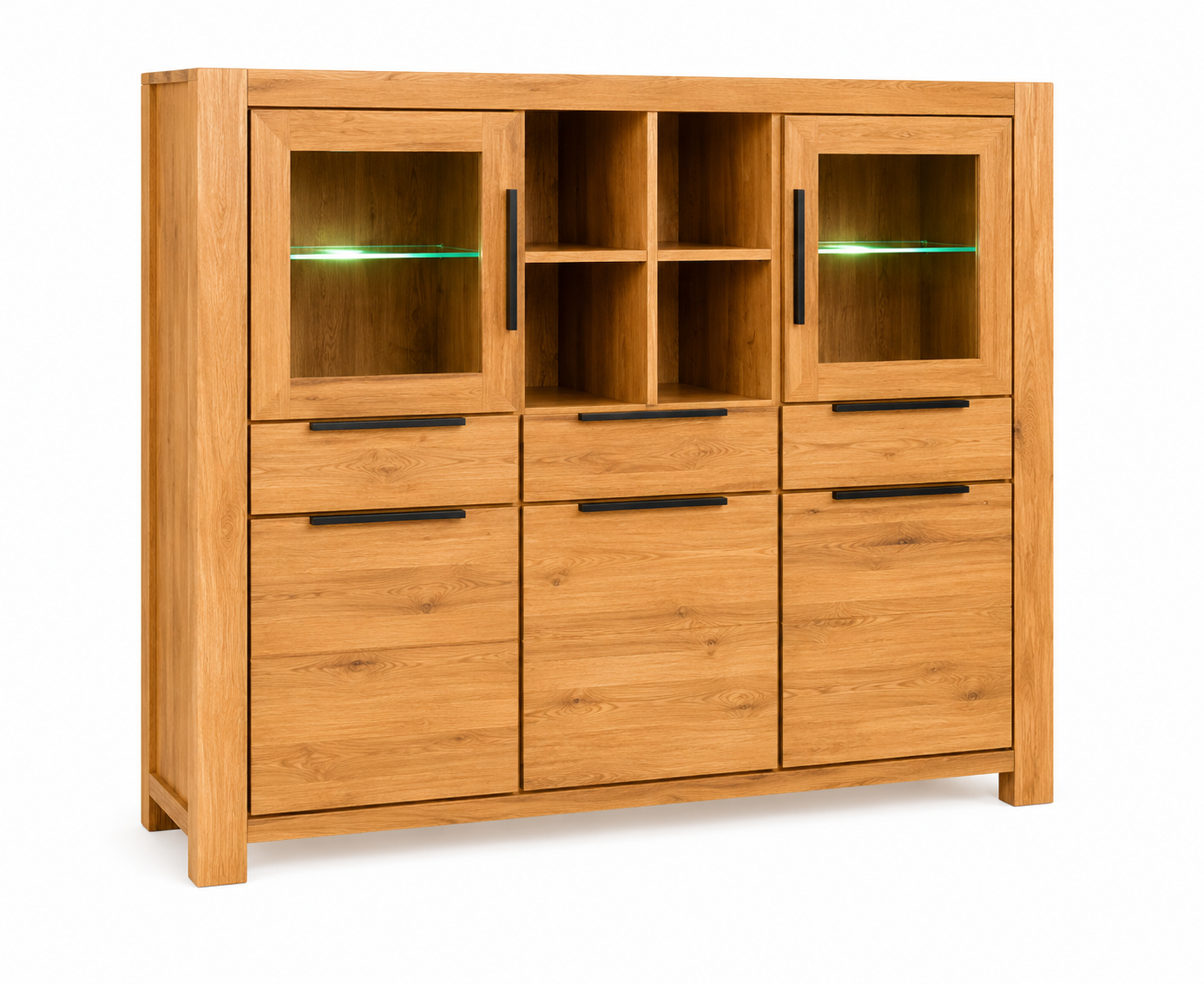 Highboard SINA Wildeiche teilmassiv geölt – Vitrine mit Glastüren & 3 Schubkästen
