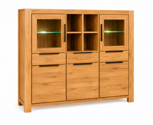 Highboard SINA Wildeiche teilmassiv geölt – Vitrine mit Glastüren & 3 Schubkästen