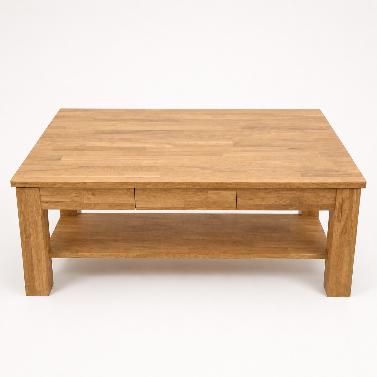 Couchtisch Tiara aus massiver Wildeiche – Industrial Design mit Ablage