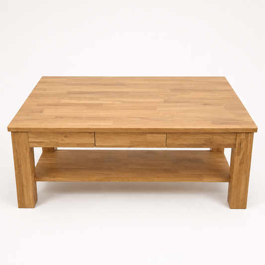 Couchtisch Tiara aus massiver Wildeiche – Industrial Design mit Ablage