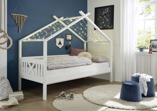 Hausbett Kinderbett Kiefer massiv weiß lackiert 90 x 200 Hytte 3 ohne Rollrost