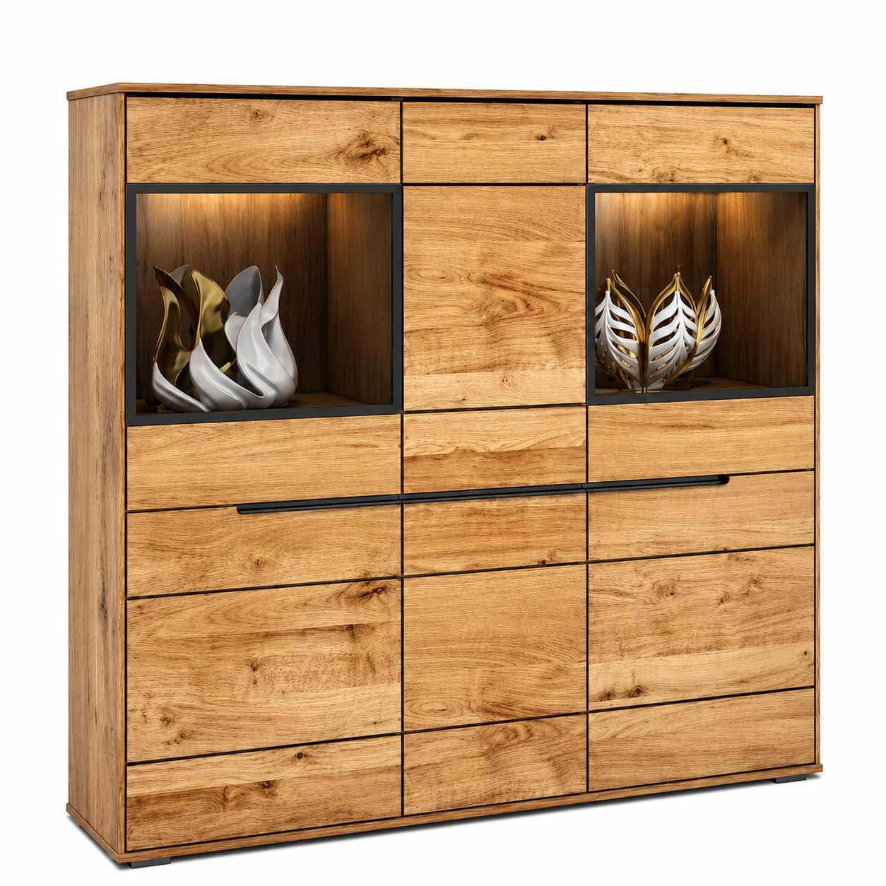Highboard LOLA – Eiche teilmassiv mit Glastüren und Soft-Close