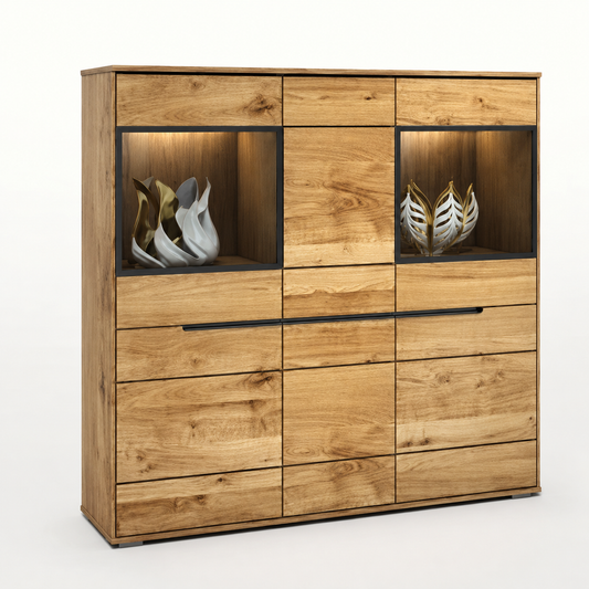 Highboard LOLA – Eiche teilmassiv mit Glastüren und Soft-Close