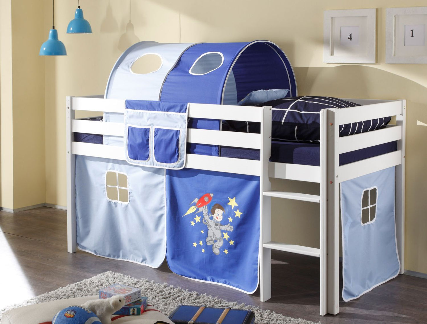 Hochbett Kinderbett Marco 90 x 200cm Kiefer massiv weiß lackiert inkl. Vorhang