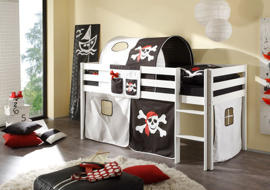 Hochbett Kinderbett Marco 90 x 200cm Kiefer massiv weiß lackiert inkl. Vorhang