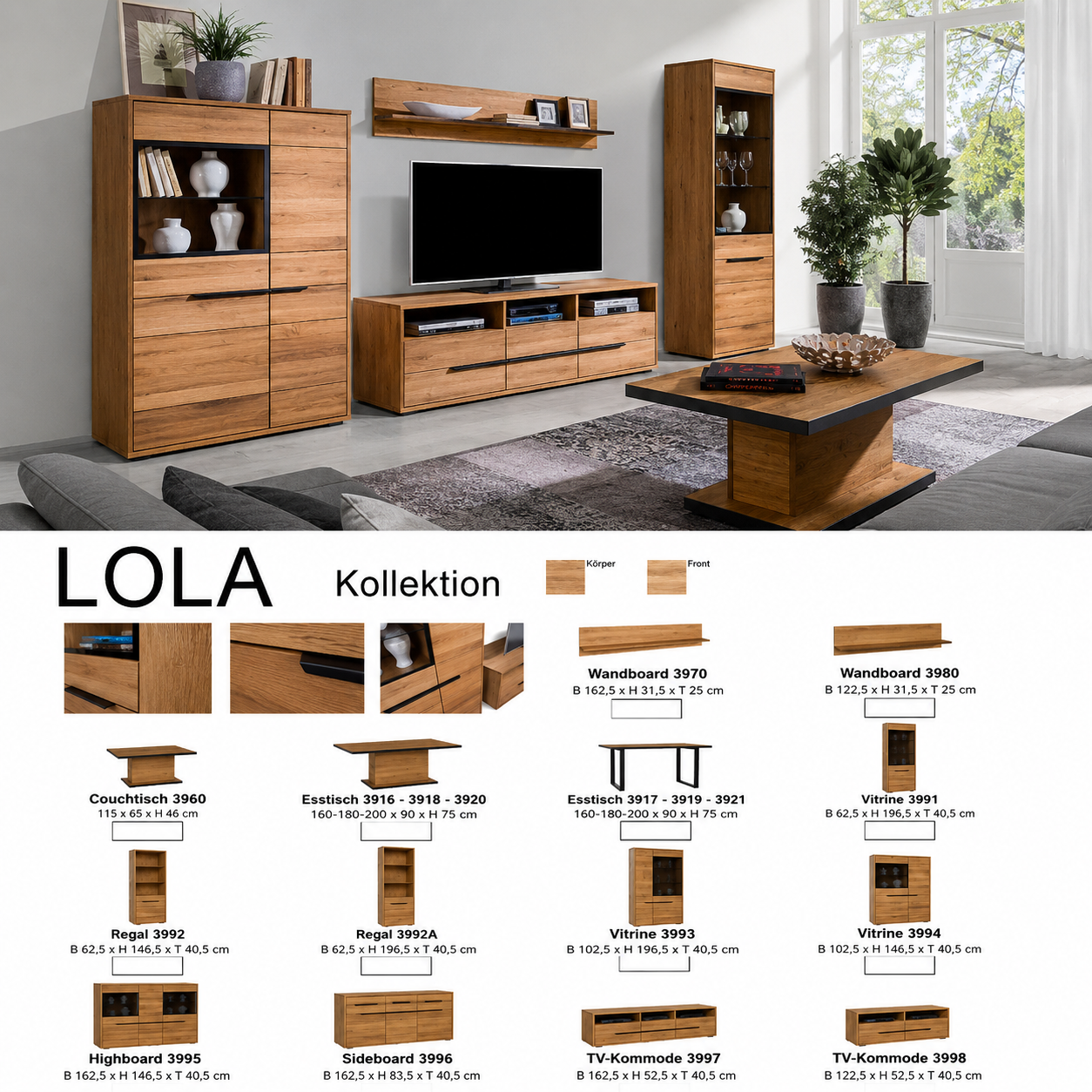 TV-Lowboard LOLA – Eiche teilmassiv furniert mit 3 Schubladen und 3 Ablagefächern