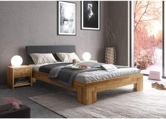 Bett Futonbett Wildeiche massiv Holz geölt 140 x 200 cm Kopfteil gepolstert Nemo