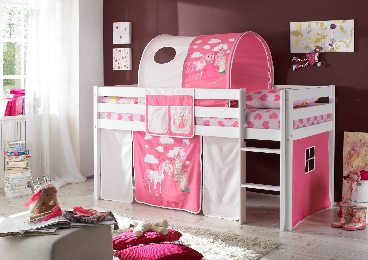 Hochbett Kinderbett Marco 90 x 200cm Kiefer massiv weiß lackiert inkl. Vorhang