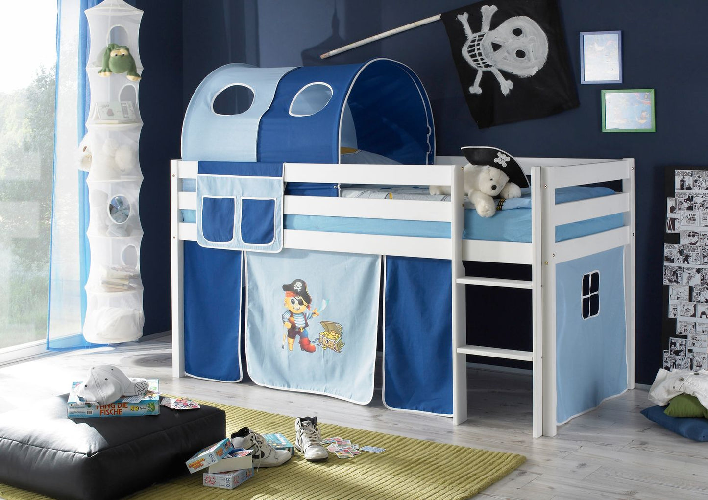 Hochbett Kinderbett Marco 90 x 200cm Kiefer massiv weiß lackiert inkl. Vorhang