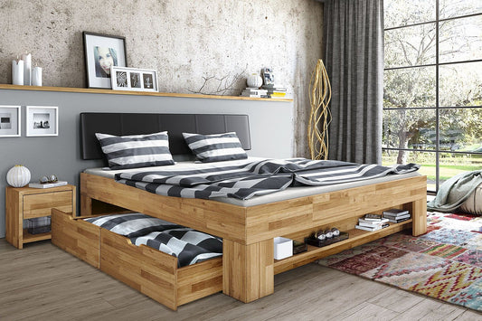 Bett Futonbett Wildeiche massiv Holz geölt 140 x 200 Kopfteil gepolstert Sabina