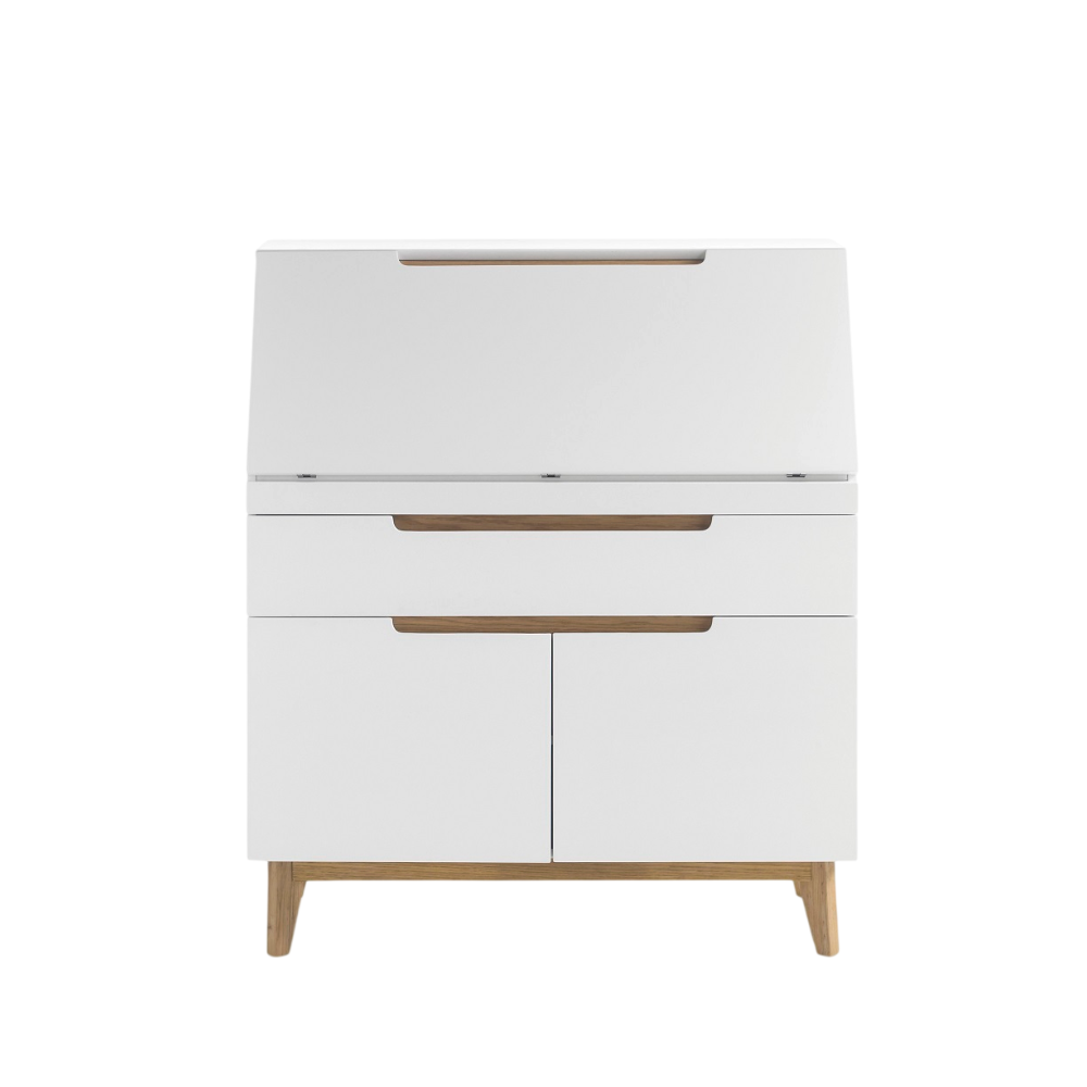 Sekretär Schreibtisch Schrank weiß matt MDF Asteiche furniert Massiv Klappe 97