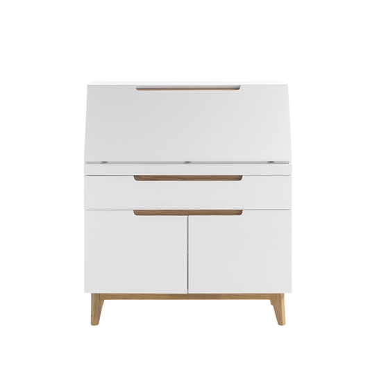 Sekretär Schreibtisch Schrank weiß matt MDF Asteiche furniert Massiv Klappe 97