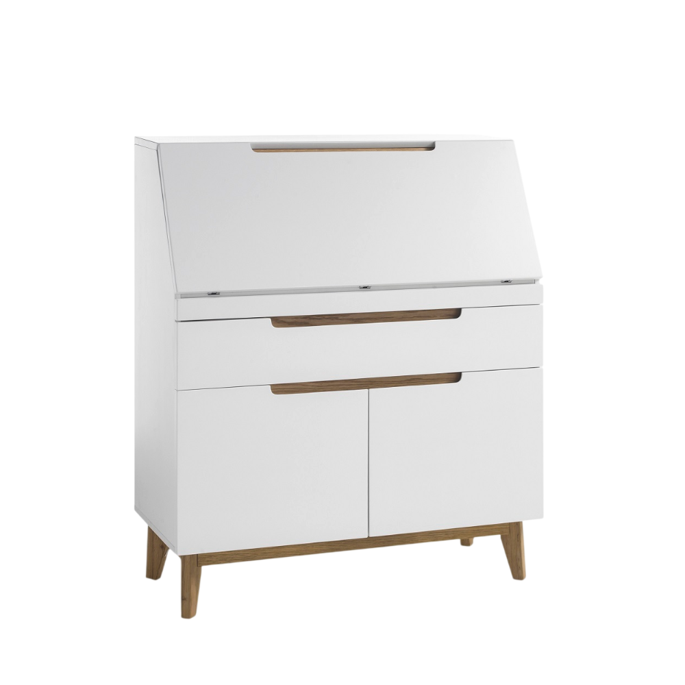 Sekretär Schreibtisch Schrank weiß matt MDF Asteiche furniert Massiv Klappe 97