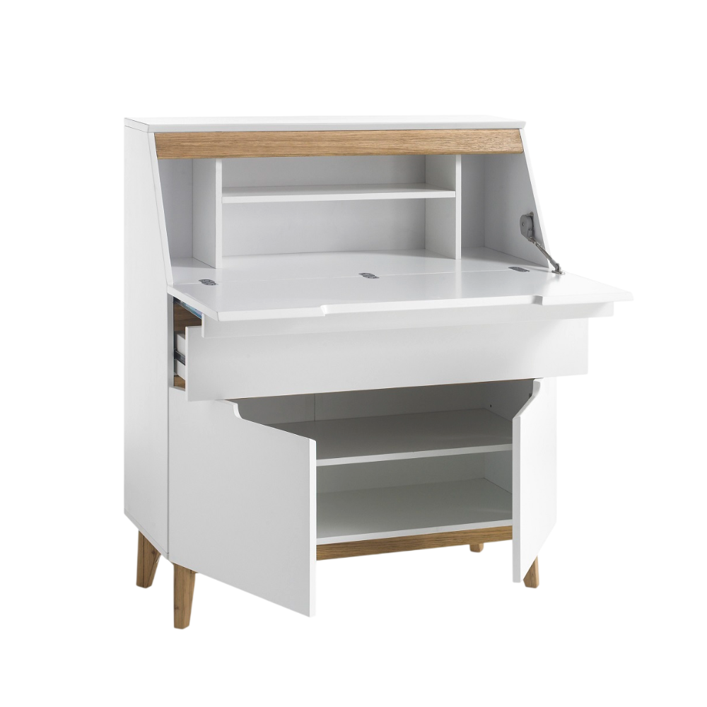 Sekretär Schreibtisch Schrank weiß matt MDF Asteiche furniert Massiv Klappe 97