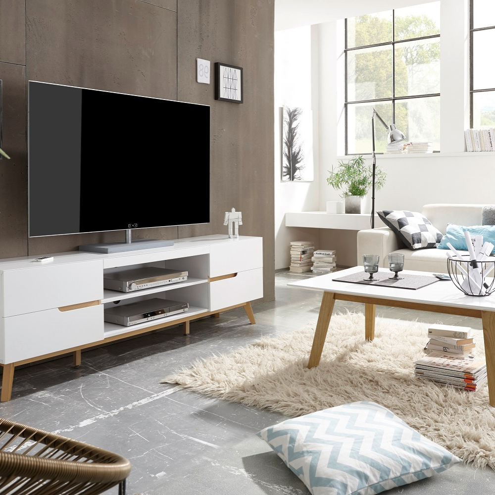 Sekretär Schreibtisch Schrank weiß matt MDF Asteiche furniert Massiv Klappe 97