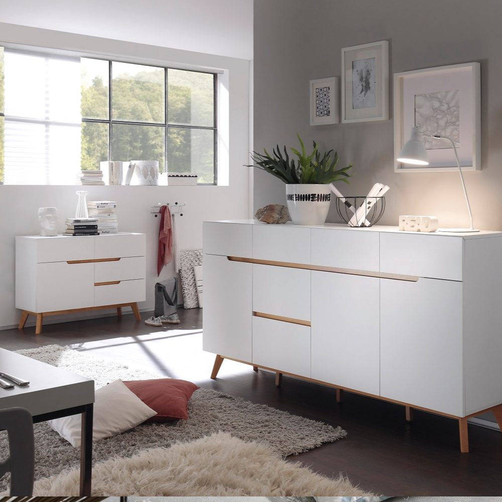 Sekretär Schreibtisch Schrank weiß matt MDF Asteiche furniert Massiv Klappe 97