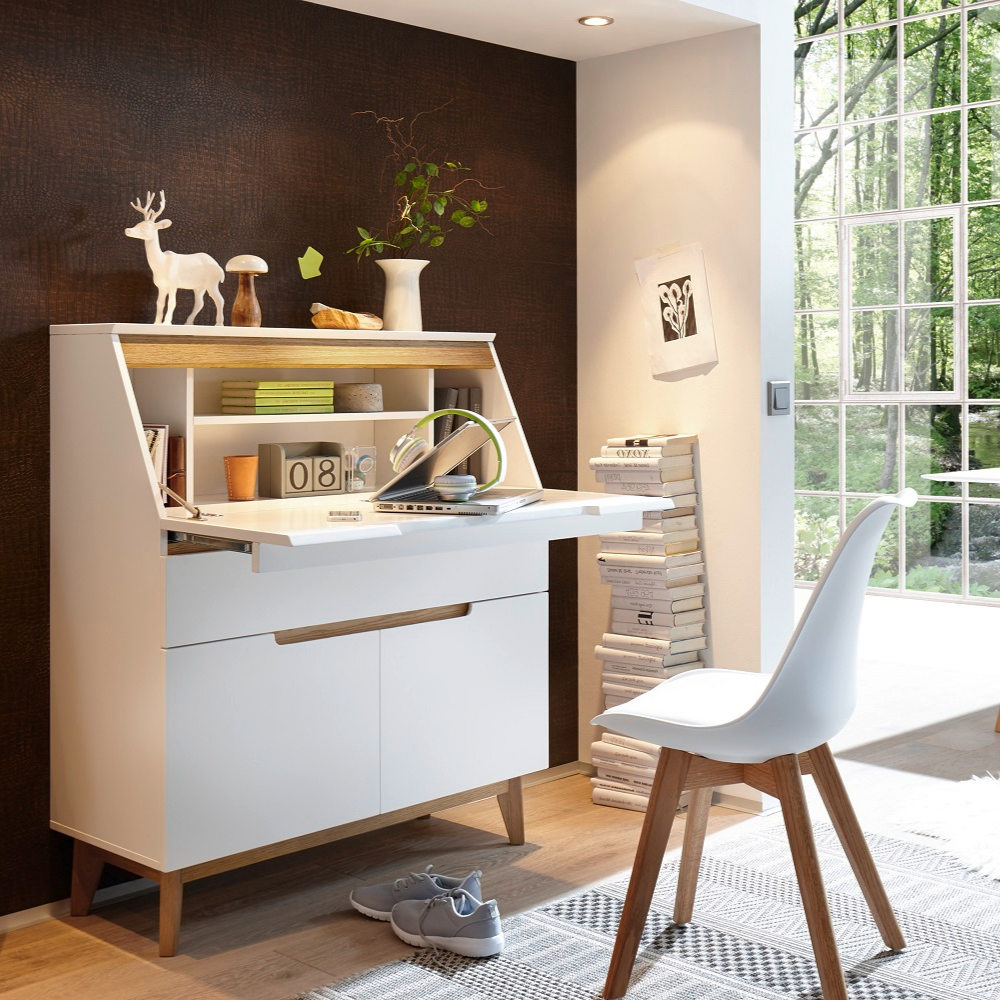 Sekretär Schreibtisch Schrank weiß matt MDF Asteiche furniert Massiv Klappe 97