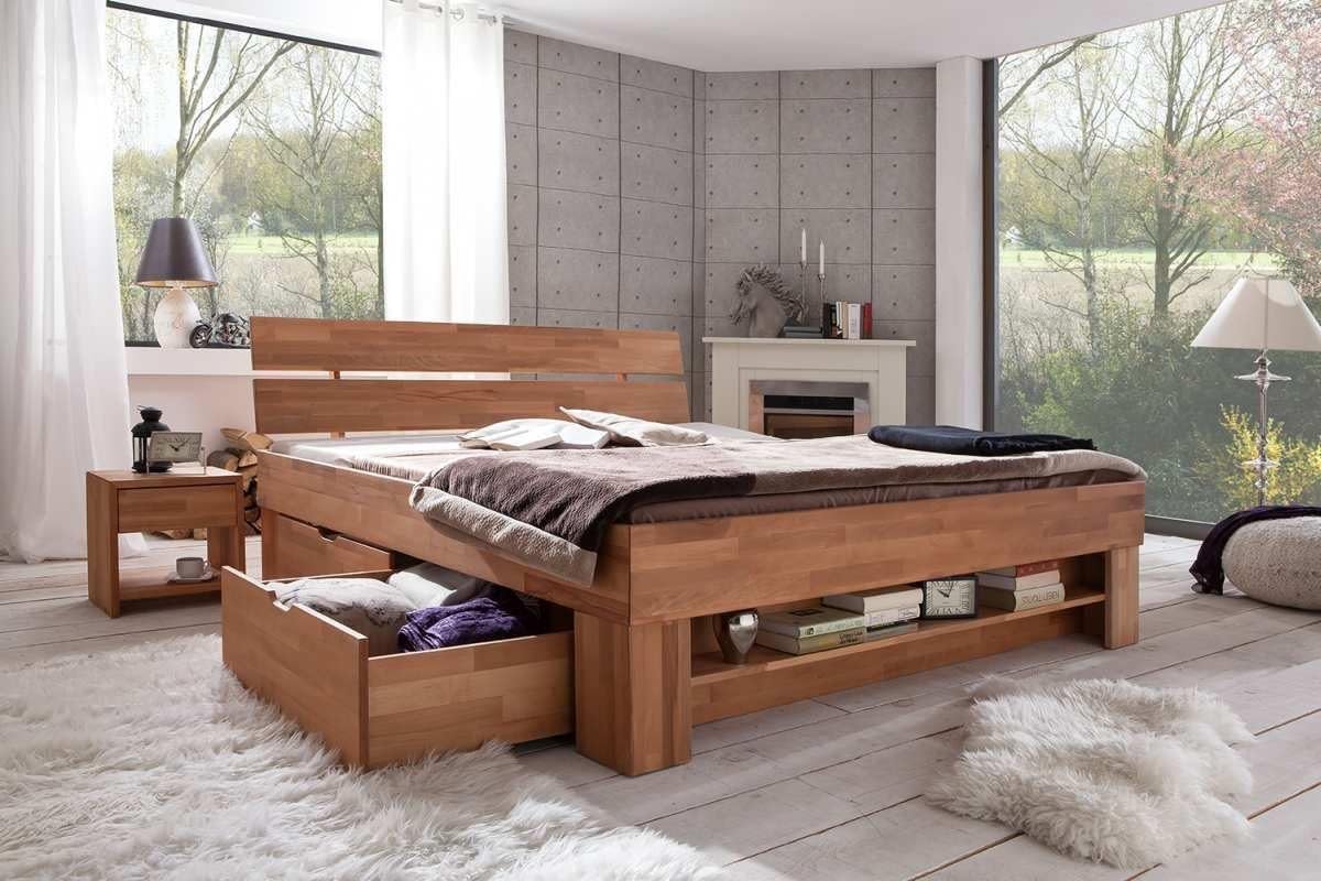 Futonbett Sofie Kernbuche-massiv geölt versch. Größen, inkl. 4 Bettkästen