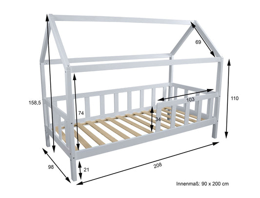 Hausbett Kinderbett Kiefer massiv weiß lackiert 90 x 200 Hytte 2 ohne Rollrost