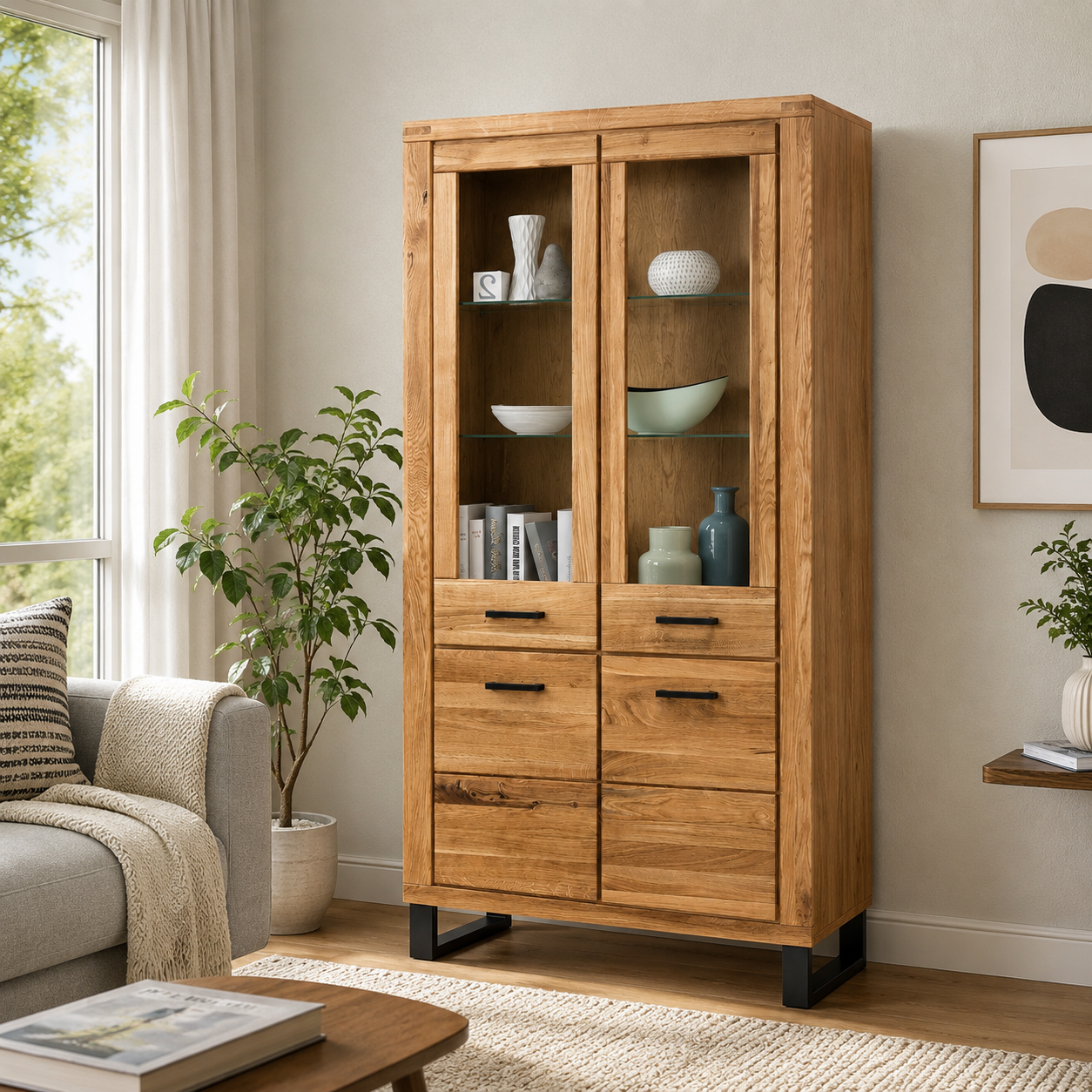 Vitrine Schrank Glastür Wildeiche teilmassiv Natur geölt Tiara 110 cm