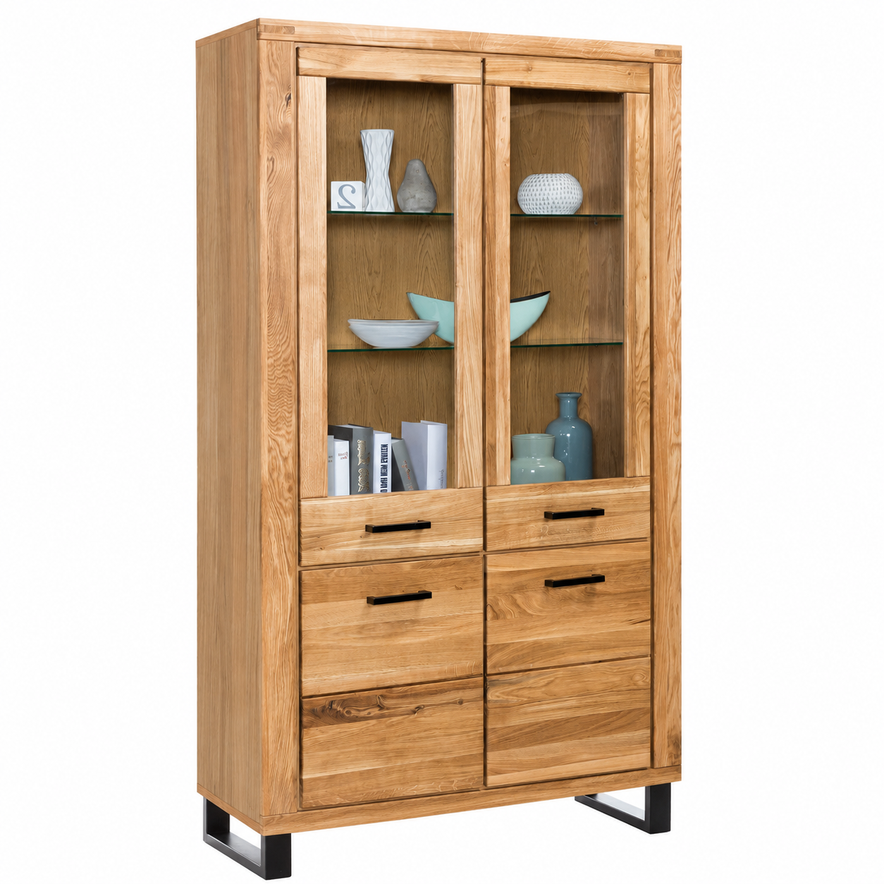 Vitrine Schrank Glastür Wildeiche teilmassiv Natur geölt Tiara 110 cm