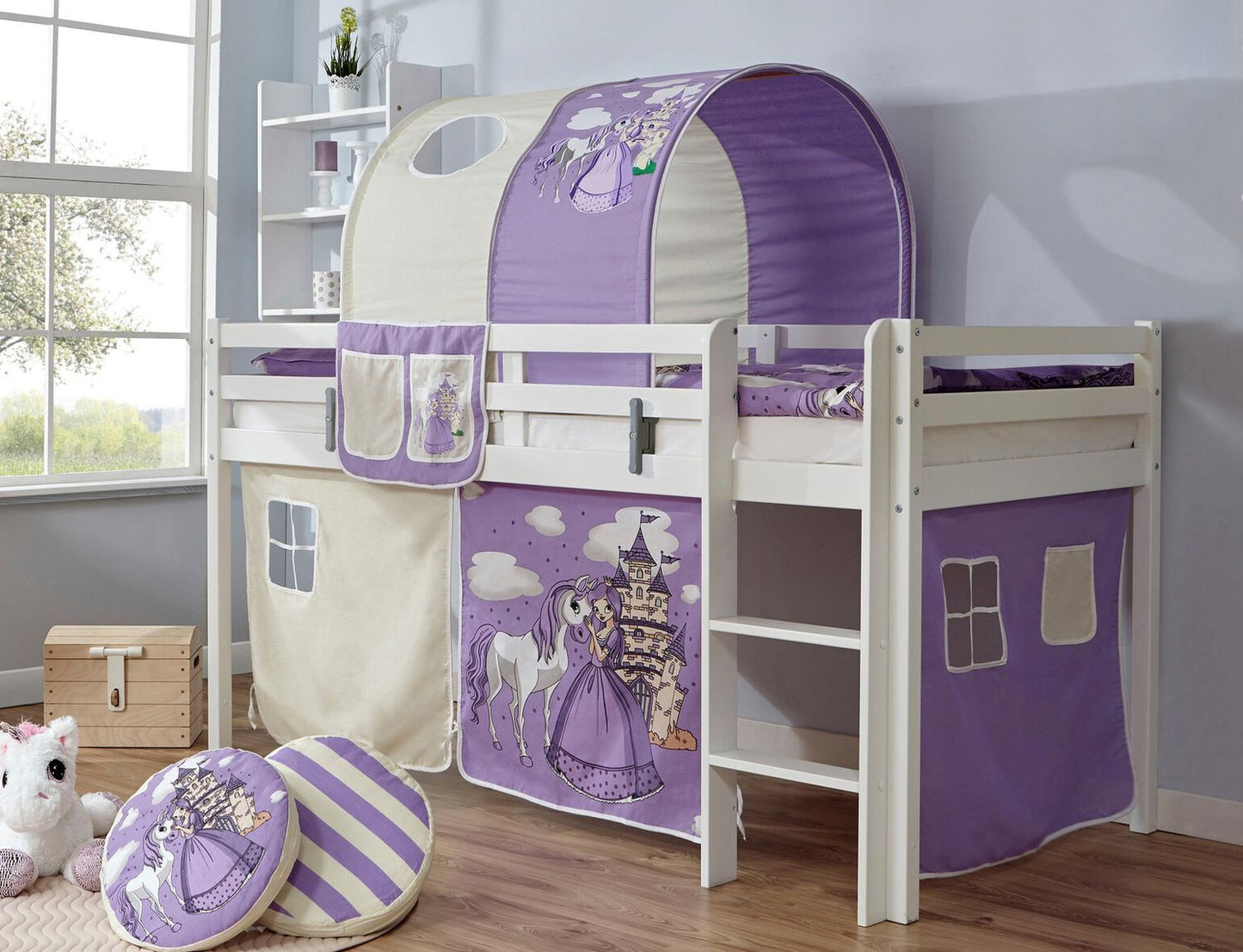 Hochbett Kinderbett Marco 90 x 200cm Kiefer massiv weiß lackiert inkl. Vorhang