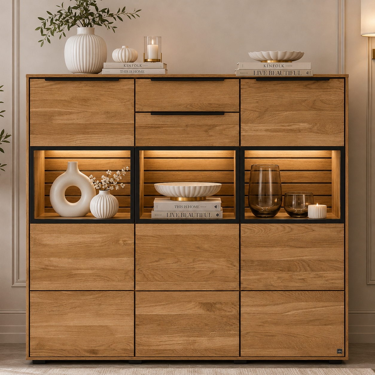Highboard JACKSON – Eiche teilmassiv mit LED-Beleuchtung