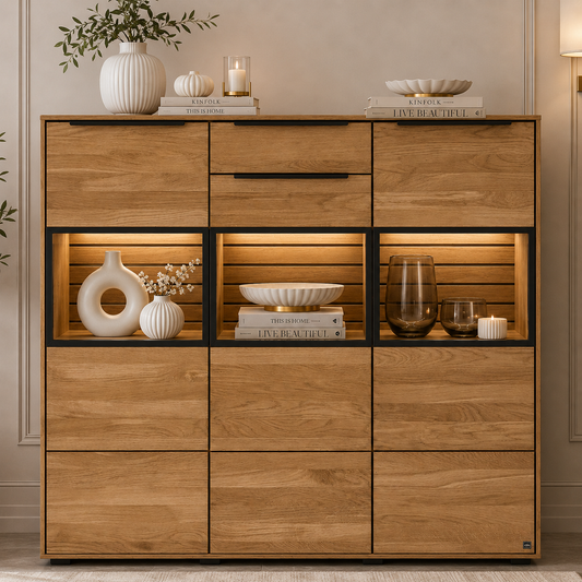 Highboard JACKSON – Eiche teilmassiv mit LED-Beleuchtung