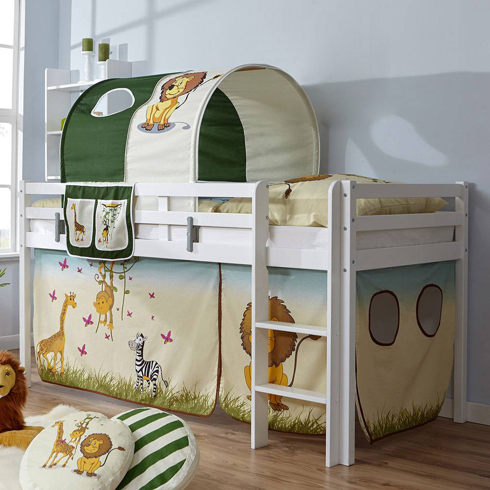Hochbett Kinderbett Marco 90 x 200cm Kiefer massiv weiß lackiert inkl. Vorhang